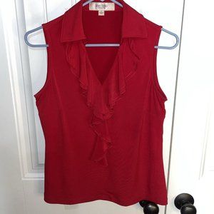 Women’s SZ S Jones Studio Red Sleeveless Dressy Tank shirt Blouse Ruffled Front